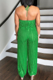 Backless Sleeveless Belted Ruffle Trim Halter Tops And Wide Leg Vacation Two Pieces Matching Pants Sets
