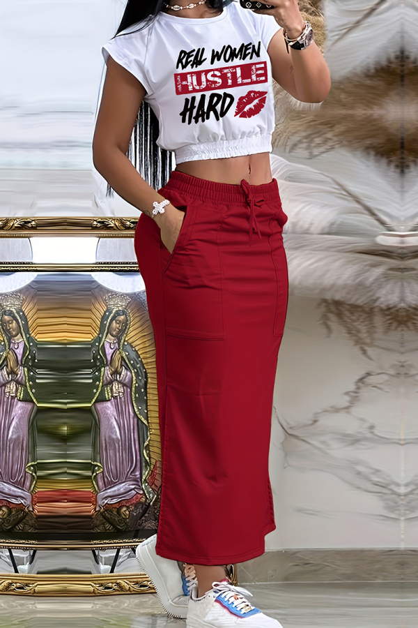 Casual Letters Print O Neck Small Flying Sleeve Crop Tops And Pocket Lace Up Slit Maxi Skirt Vacation Two Pieces Matching Skirt And Tops Set