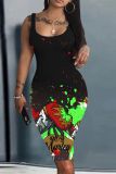Casual Graphics Print Sleeveless U Neck Vest Bodycon Midi Tank Dresses