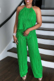 Backless Sleeveless Belted Ruffle Trim Halter Tops And Wide Leg Vacation Two Pieces Matching Pants Sets