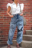 Casual Graphics Print High Waist Regular Straight Leg Distressed Denim Jeans
