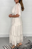 Casual Half Sleeve V Neck Belted Ruffle Layered Hem With Belt Long Vacation Maxi Dresses