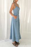 Sleeveless Boat Neck Zipper Pocket Buttons Vacation A Line Wide Strap Pleated Denim Maxi Dress