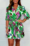 Casual Graphics Print V Neck Half Sleeve With Belt Vacation A Line Pleated Mini Shirt Dresses