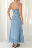 Sleeveless Boat Neck Zipper Pocket Buttons Vacation A Line Wide Strap Pleated Denim Maxi Dress