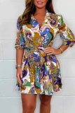 Casual Graphics Print V Neck Half Sleeve With Belt Vacation A Line Pleated Mini Shirt Dresses