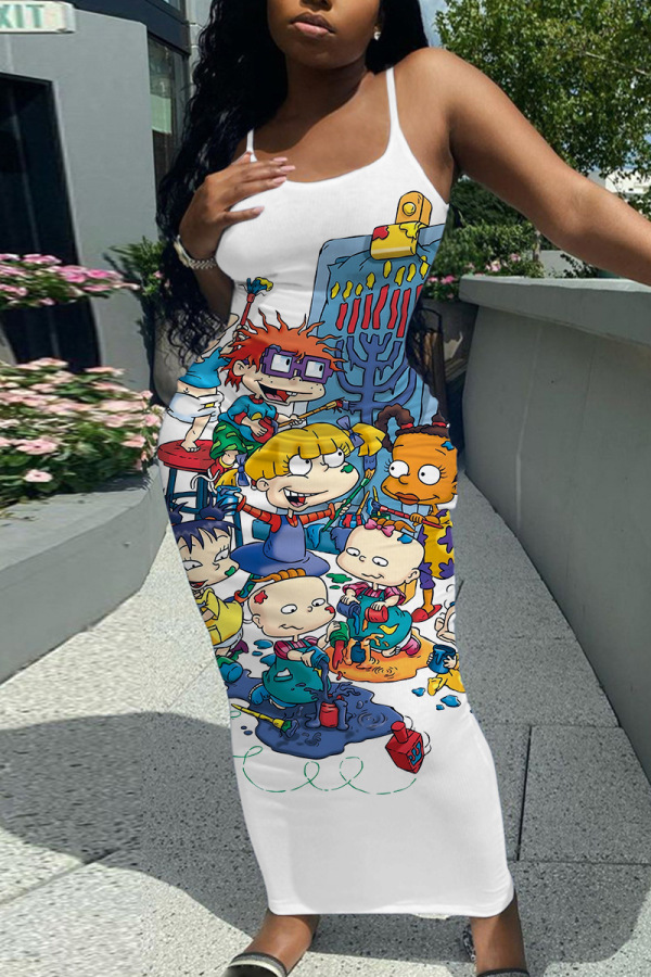 Sexy Casual Graphics Print Backless Sleeveless Spaghetti Strap Long Bodycon Maxi Slip Dresses