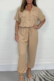 Casual Turndown Collar Short Sleeve Pocket Regular Line Shirt Jumpsuits
