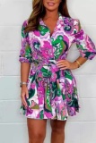 Casual Graphics Print V Neck Half Sleeve With Belt Vacation A Line Pleated Mini Shirt Dresses