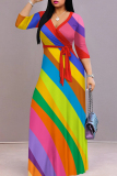 Casual Stripe Print Strap Design V Neck Half Sleeve Long Floor Length Loose Vacation A Line Linen Maxi Dress