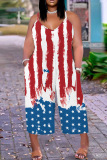 Casual Flag Star Print Spaghetti Strap Sleeveless Vacation Plus Size Wide Leg Cami Jumpsuits
