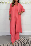 Casual Long Sleeve Belted Longline Cardigan And Sleeveless Halter Wide Leg Jumpsuits Vacation Two Pieces Matching Sets