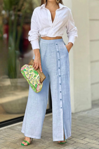 Turndown Collar Long Sleeve Linen Shirt Crop Blouse And Wide Leg Pants Vacation Two Pieces Trouser Sets