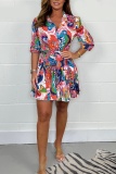 Casual Graphics Print V Neck Half Sleeve With Belt Vacation A Line Pleated Mini Shirt Dresses