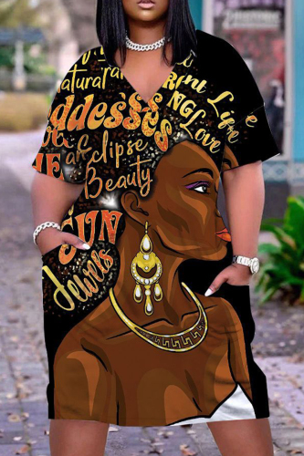 Casual Graphics Print Pocket V Neck Short Sleeve Pockets Plus Size T-shirt Midi Dresses