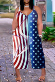 Casual Flag Star Print Spaghetti Strap Sleeveless Vacation Plus Size Wide Leg Cami Jumpsuits