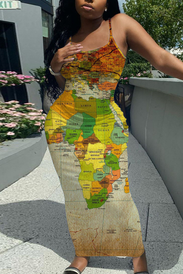 Sexy Casual Graphics Print Backless Spaghetti Strap Sleeveless Long Vacation Bodycon Maxi Slip Dresses