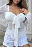 Sexy V Neck Long Sleeve Front Tie See-Through Belted Vacation Irregular Hem Lace Tops