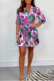 Casual Graphics Print V Neck Half Sleeve With Belt Vacation A Line Pleated Mini Shirt Dresses