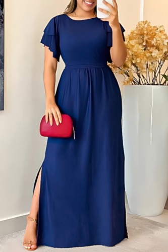 Casual O Neck Ruffle Sleeve Side Slit Cinch Waist Floor Length Vacation Long A Line Maxi Dresses