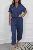 Casual Turndown Collar Short Sleeve Pocket Regular Line Shirt Jumpsuits