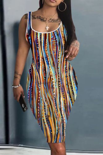 Casual Graphics Sleeveless U Neck Vest Bodycon Midi Tank Dresses