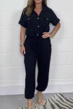Casual Turndown Collar Short Sleeve Pocket Regular Line Shirt Jumpsuits