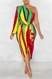 Stripe Print Backless Single Lonfg Sleeve Oblique Collar Belted Front Slit Formal Party Evening Bodycon Maxi Dress