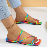 Colorblock Square Open Toe Vacation Beach Flat Slide Sandals