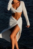 Sexy V Neck Long Sleeve Front Knotted Crop Tops And Front Slit Maxi Skirt Formal Party Evening Vacation Two Pieces Matching Dress Sets