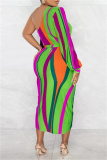 Stripe Print Backless Single Lonfg Sleeve Oblique Collar Belted Front Slit Formal Party Evening Bodycon Maxi Dress