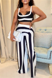 Sexy Stripe Print Backless Sleeveless Spaghetti Strap Tank Crop Tops And Wide Leg Pants Vacation Formal Office Lady Two Pieces Trouser Sets