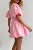 Casual V Neck Lantern Sleeve Cinch Waist Ruched Bubble Hem Vacation Formal Party Evening Princess Mini Dress