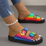 Casual Rainbow Color Slides Hollow Out Round Double Buckle Thick-Soled Flag Sandals