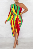 Stripe Print Backless Single Lonfg Sleeve Oblique Collar Belted Front Slit Formal Party Evening Bodycon Maxi Dress