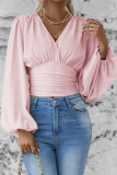 Daily Lantern Sleeve V Neck Cinch Waist Ruched Vacation Blouse