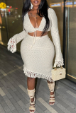 Sexy Deep V Neck Long Sleeve Fringed Trim Hollow Out Strap Design Crop Tops And Midi Skirt Vacation Two Pieces Dress Sets
