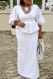Casual Lace Flower Print O Neck Flare Sleeve Cinch Waist Ruffle Hem Blouse And Maxi Skirt Vacation Two Pieces Dress Sets