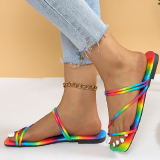 Colorblock Square Open Toe Vacation Beach Flat Slide Sandals