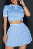 Knit Print Turndown Collar Short Sleeve Pocket Buckle Crop Tops And Pleated Mini Skirt Vacation Two Pieces Dress Sets