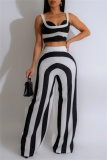 Sexy Stripe Print Backless Sleeveless Spaghetti Strap Tank Crop Tops And Wide Leg Pants Vacation Formal Office Lady Two Pieces Trouser Sets