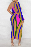 Stripe Print Backless Single Lonfg Sleeve Oblique Collar Belted Front Slit Formal Party Evening Bodycon Maxi Dress