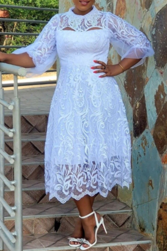 Mesh Turndown Collar 3/4 Sleeve Hollow Out A Line Formal Evening Party Lace Maxi Dress