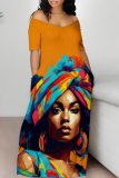 Casual Figure Print Off Shoulder Short Sleeve Pockets Floor Length Loose T-shirt Dresses