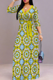 Casual Graphics Print V Neck Half Sleeve Strap Floor Length Design Vacation Long A Line Loose Maxi Dresses