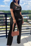 Casual Letters Print Hot Drill Square Neck Short Sleeve T-shirt And Pants Sets Sportwear Two Pieces Trouser Sets