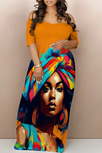 Casual Figure Print Off Shoulder Short Sleeve Pockets Floor Length Loose T-shirt Dresses