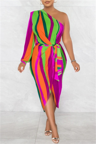 Stripe Print Backless Single Lonfg Sleeve Oblique Collar Belted Front Slit Formal Party Evening Bodycon Maxi Dress