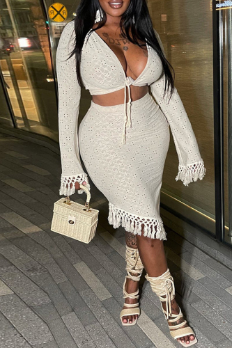 Sexy Deep V Neck Long Sleeve Fringed Trim Hollow Out Strap Design Crop Tops And Midi Skirt Vacation Two Pieces Dress Sets