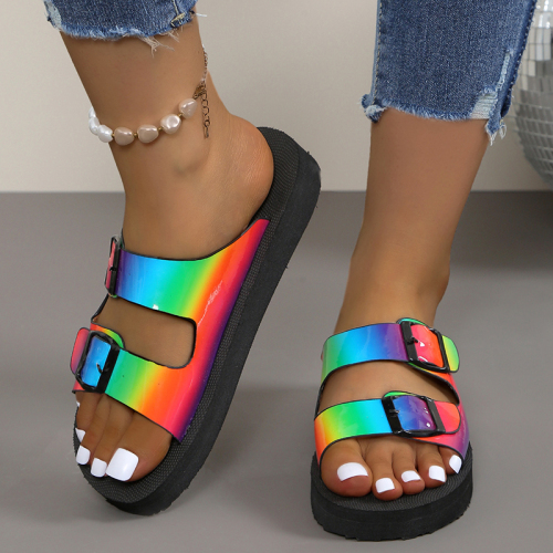 Casual Rainbow Color Slides Hollow Out Round Double Buckle Thick-Soled Flag Sandals
